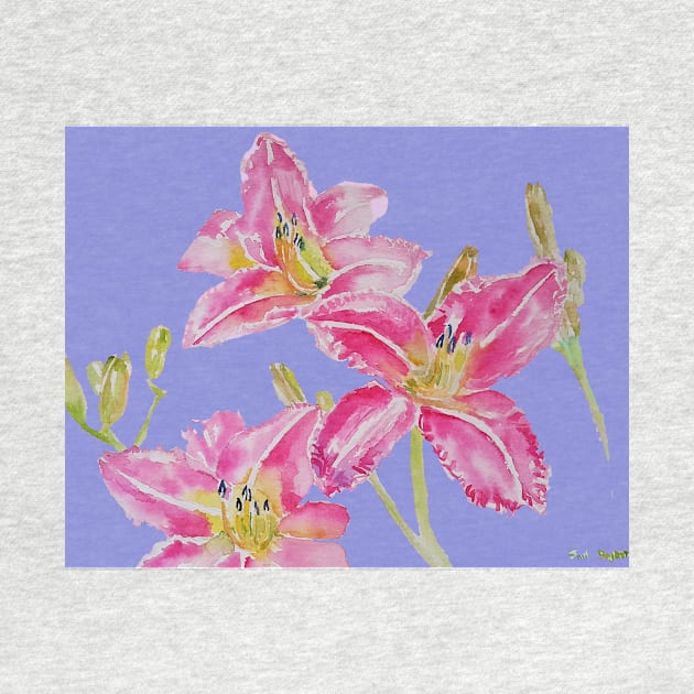 Pink Lily Flower Watercolor Painting Pattern - on Lavender Purple by SarahRajkotwala